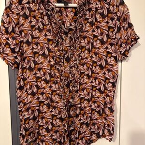 Ann Taylor Short Sleeve Ruffle-Trim Floral Blouse in Black, Pink, Orange